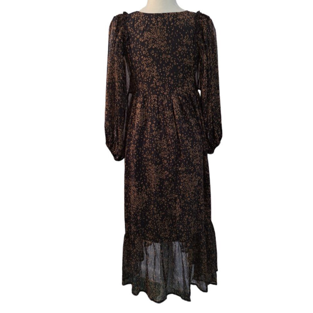 Mittoshop Dark Floral Midi Tiered Dress Balloon Sleeves Shimmer Gold Dark Small - Picture 4 of 9